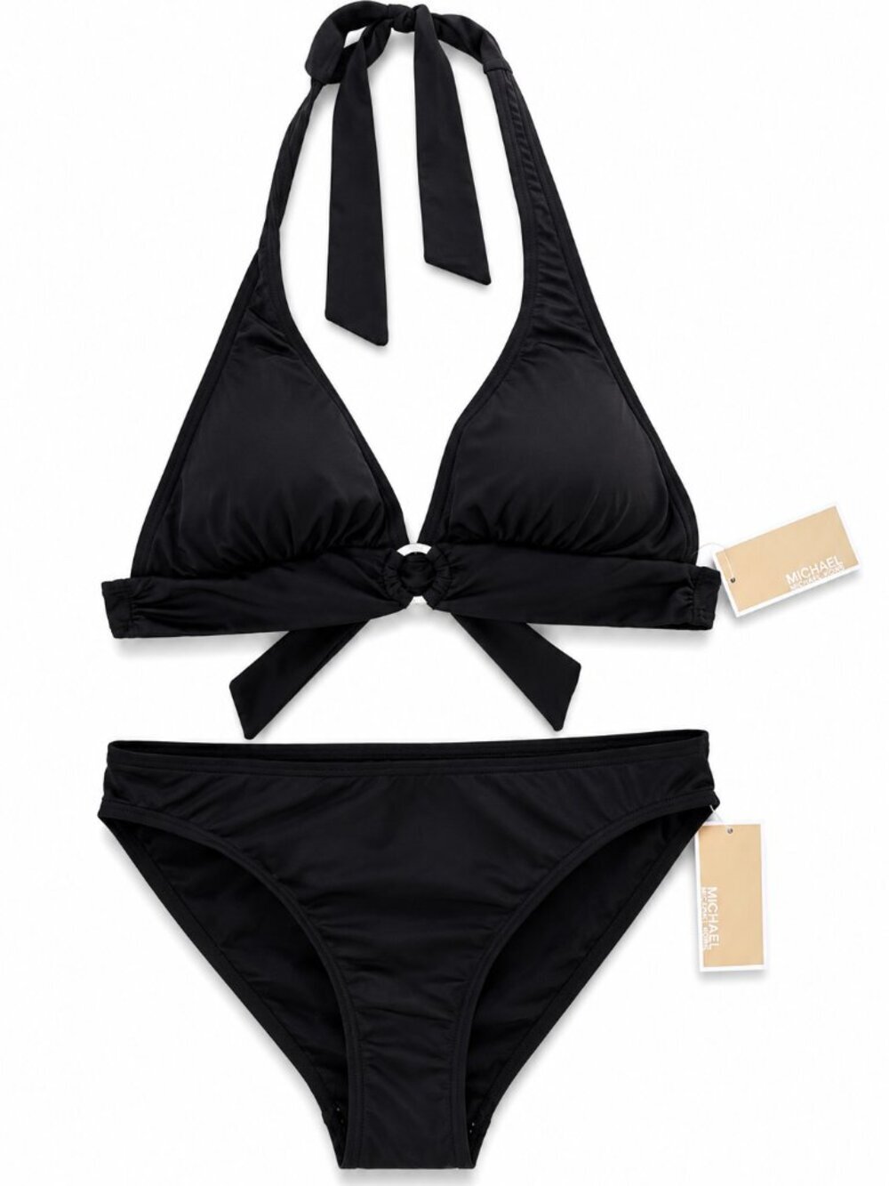 NWT MICHAEL Michael Kors Ultra Black Halter Top & Bikini Bottom Set Large L